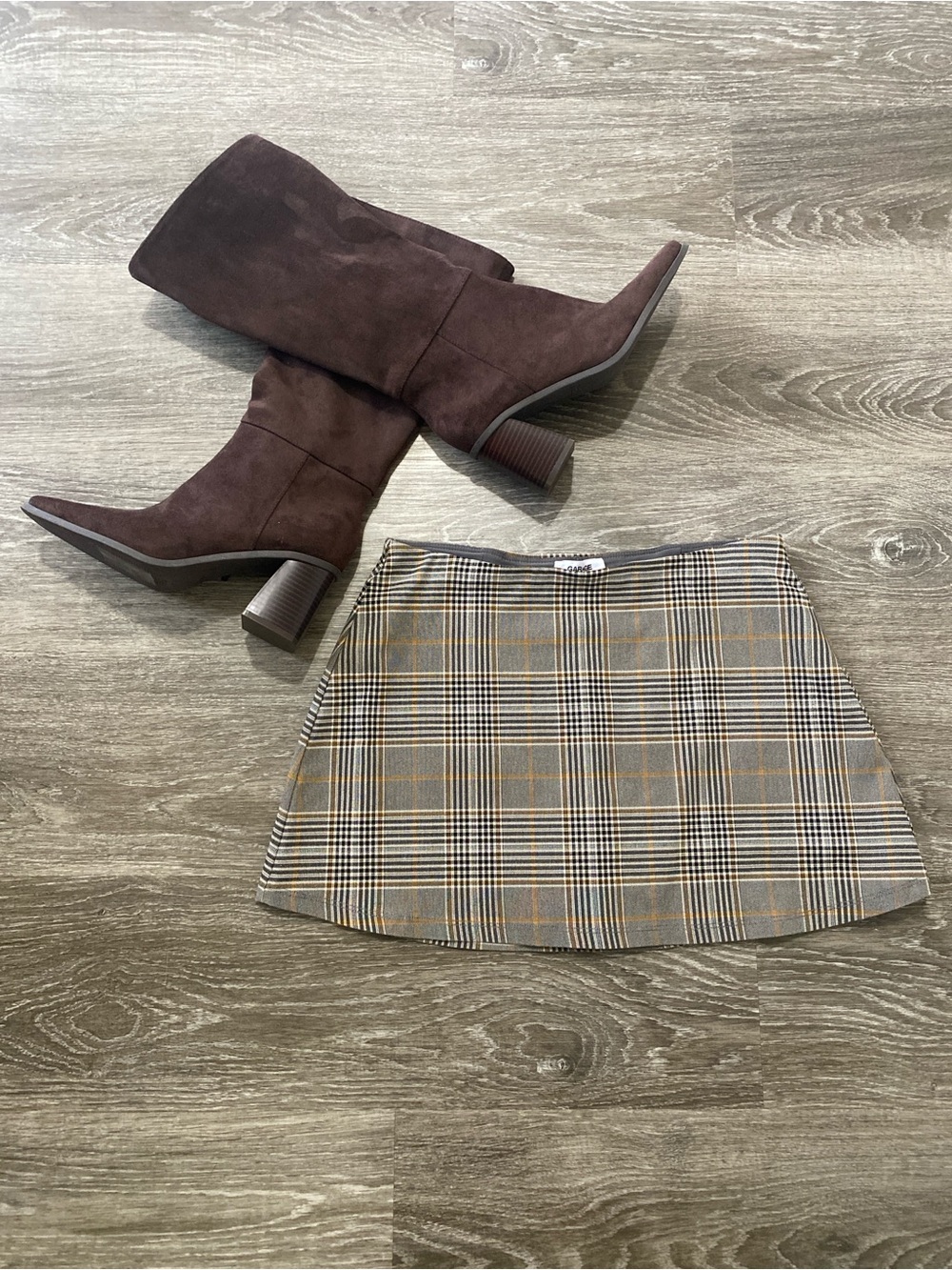 Plaid Mini Skirt in Gray and Tan